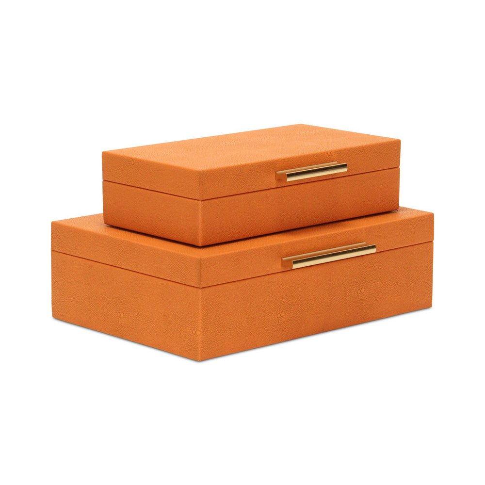 Set Of Two Orange Faux Shagreen Jewelry Boxes With Decorative Hardware