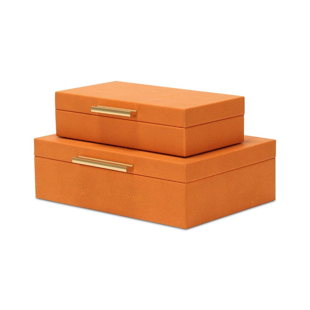 Set Of Two Orange Faux Shagreen Jewelry Boxes With Decorative Hardware