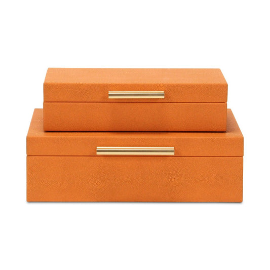 Set Of Two Orange Faux Shagreen Jewelry Boxes With Decorative Hardware