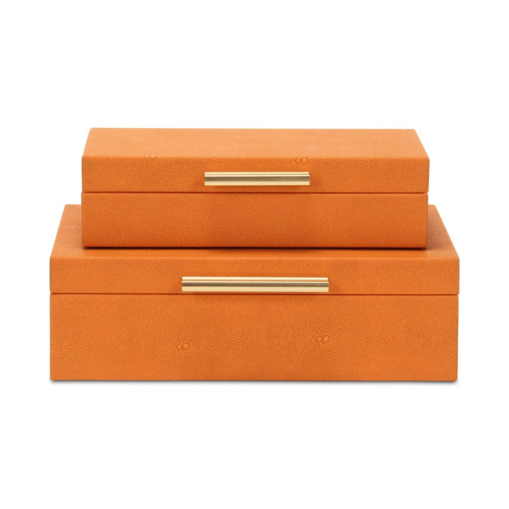 Set Of Two Orange Faux Shagreen Jewelry Boxes With Decorative Hardware