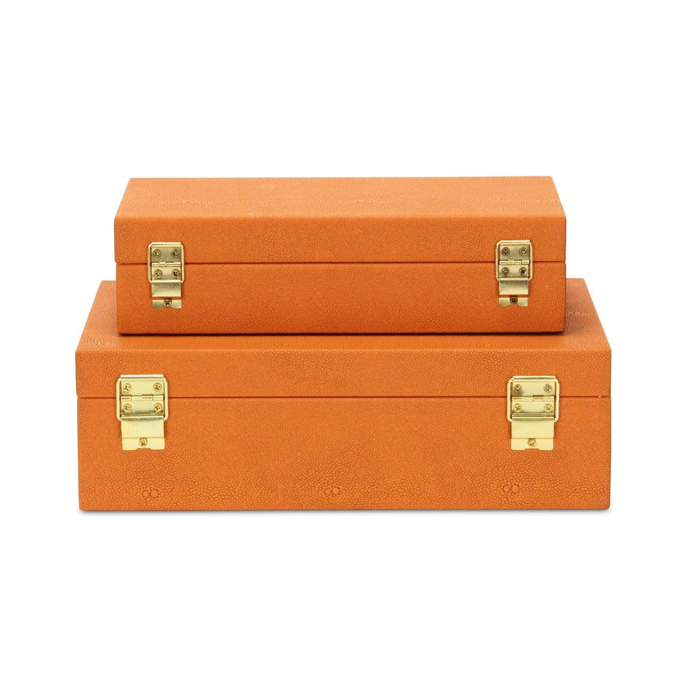Set Of Two Orange Faux Shagreen Jewelry Boxes With Decorative Hardware