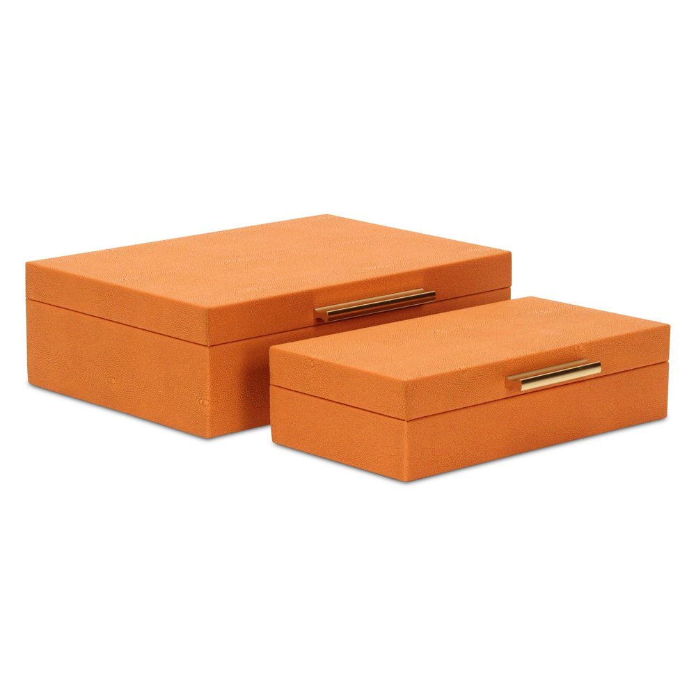 Set Of Two Orange Faux Shagreen Jewelry Boxes With Decorative Hardware
