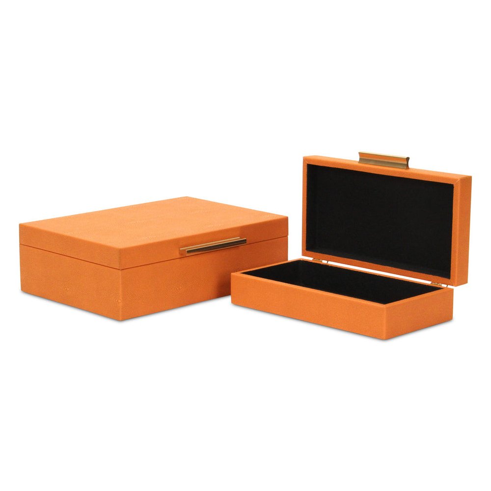 Set Of Two Orange Faux Shagreen Jewelry Boxes With Decorative Hardware