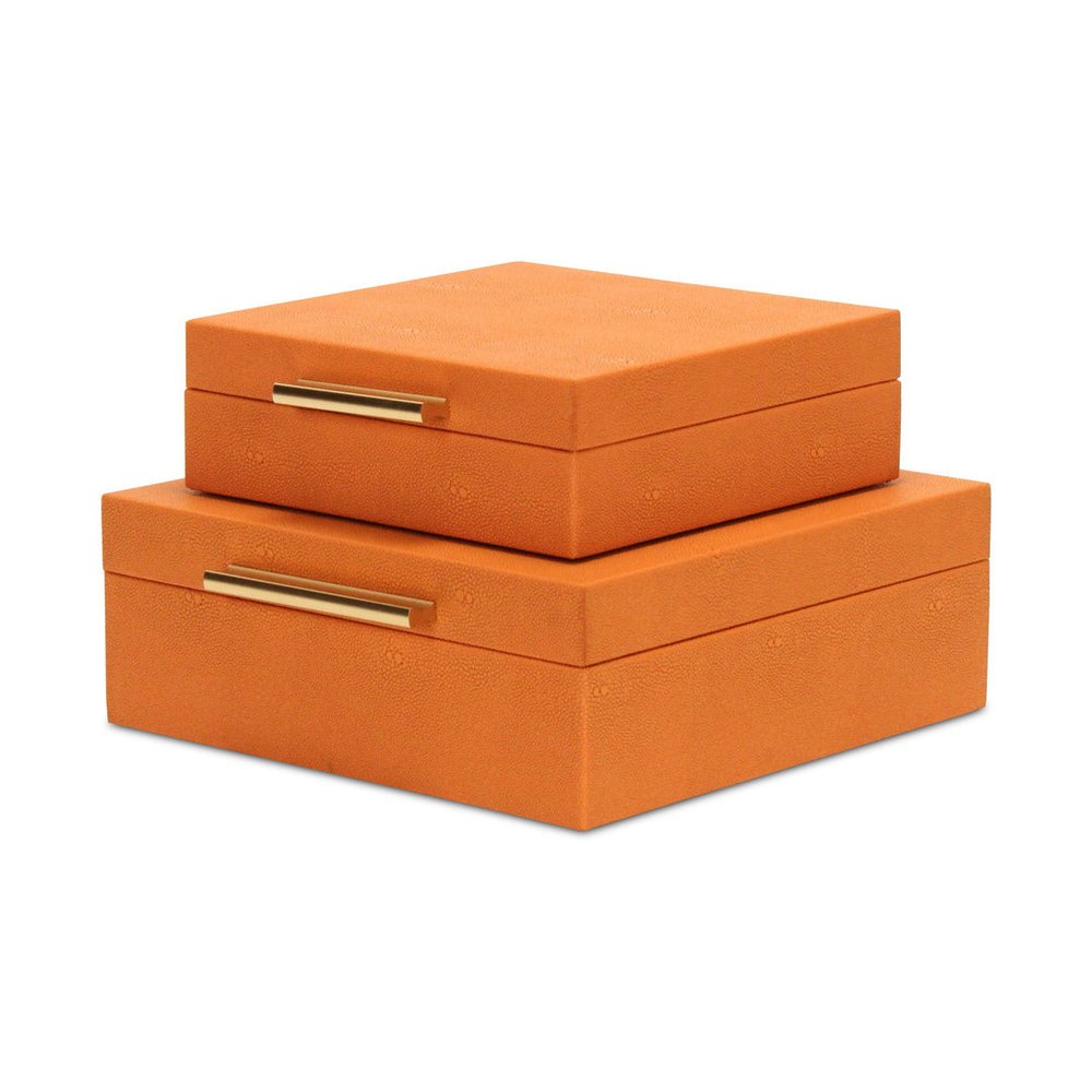 Set Of Two Orange Faux Shagreen Jewelry Boxes With Decorative Hardware