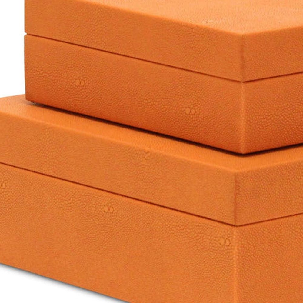 Set Of Two Orange Faux Shagreen Jewelry Boxes With Decorative Hardware