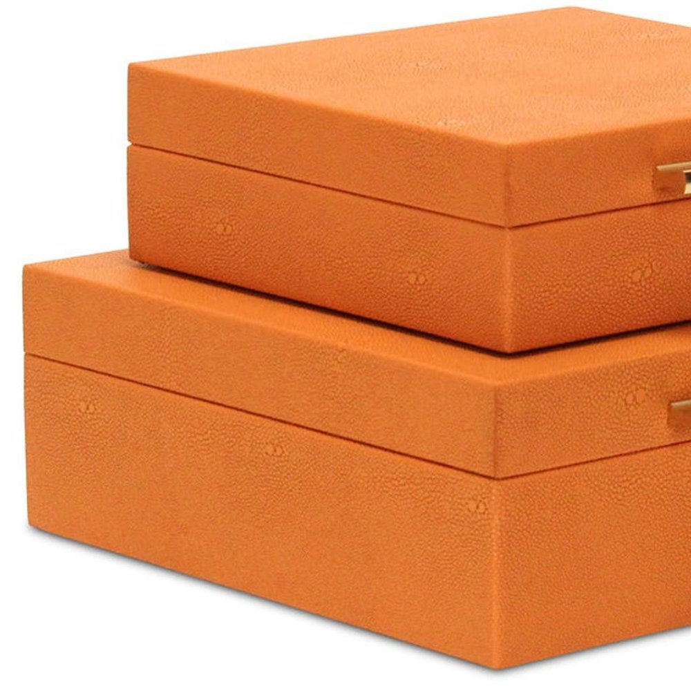 Set Of Two Orange Faux Shagreen Jewelry Boxes With Decorative Hardware