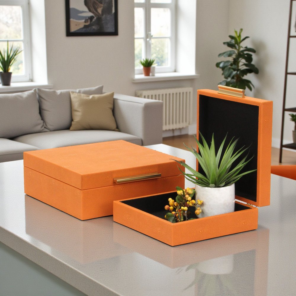 Set Of Two Orange Faux Shagreen Jewelry Boxes With Decorative Hardware