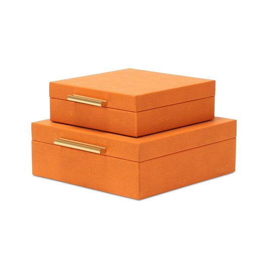 Set Of Two Orange Faux Shagreen Jewelry Boxes With Decorative Hardware