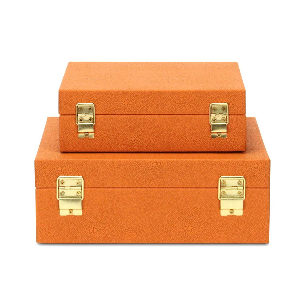 Set Of Two Orange Faux Shagreen Jewelry Boxes With Decorative Hardware