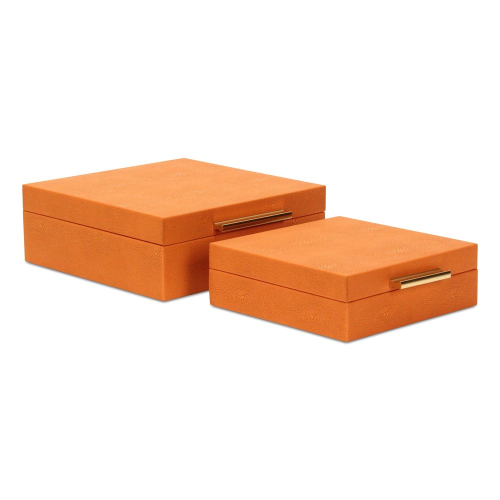 Set Of Two Orange Faux Shagreen Jewelry Boxes With Decorative Hardware