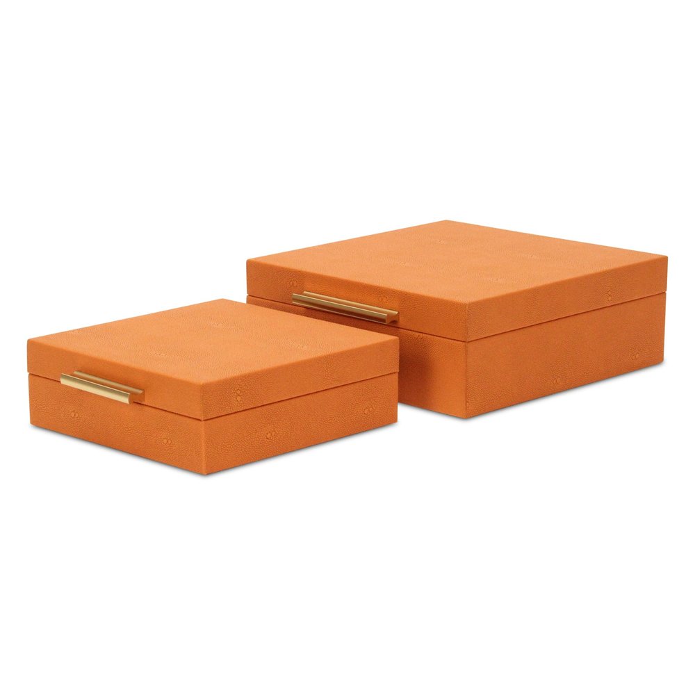 Set Of Two Orange Faux Shagreen Jewelry Boxes With Decorative Hardware