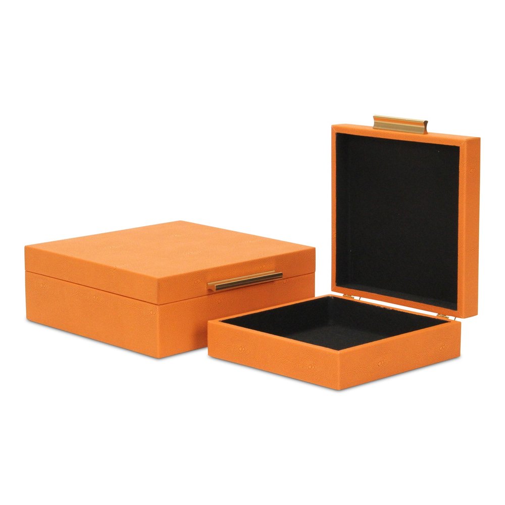 Set Of Two Orange Faux Shagreen Jewelry Boxes With Decorative Hardware