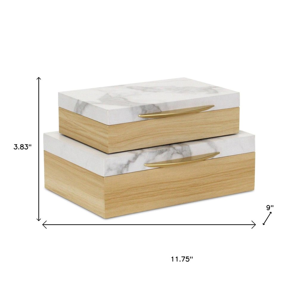 Set Of Two Natural And White Wood And Faux Marble Jewelry Boxes