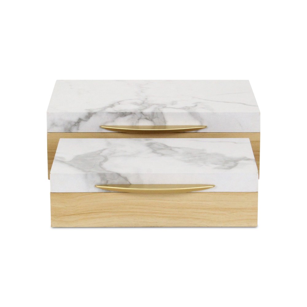 Set Of Two Natural And White Wood And Faux Marble Jewelry Boxes