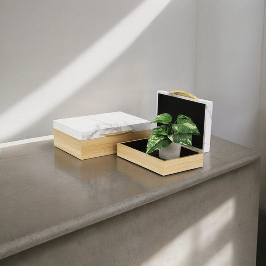 Set Of Two Natural And White Wood And Faux Marble Jewelry Boxes
