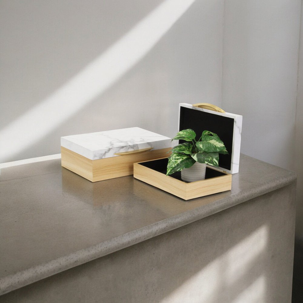 Set Of Two Natural And White Wood And Faux Marble Jewelry Boxes