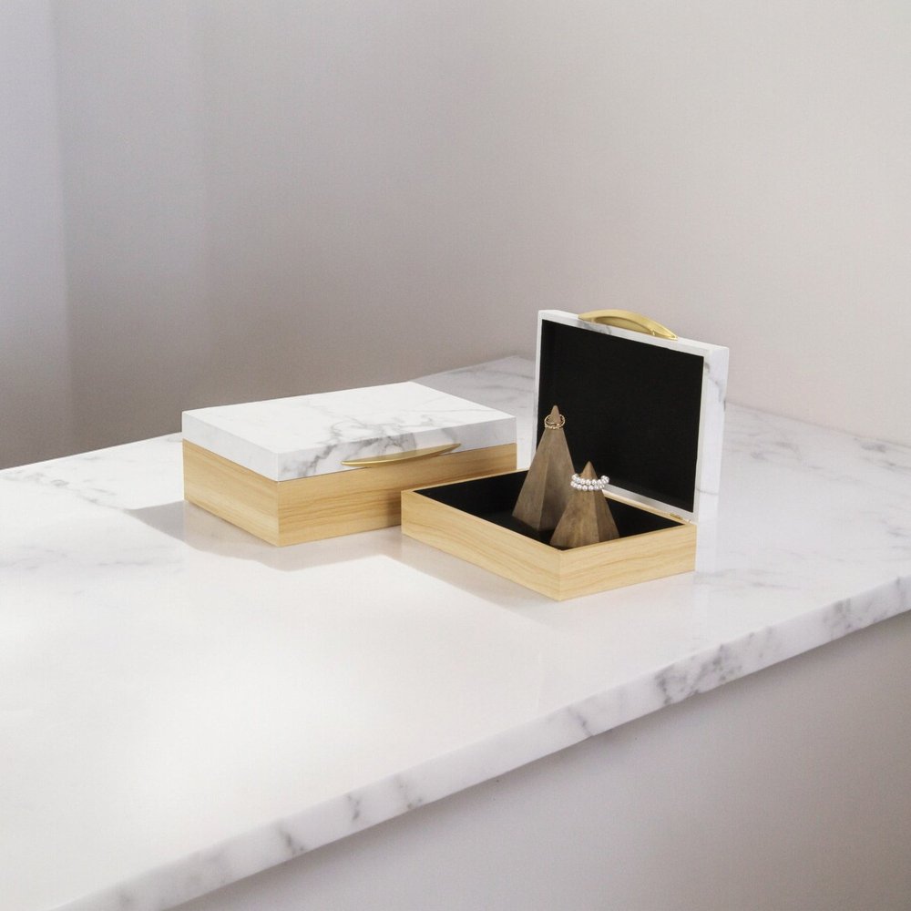 Set Of Two Natural And White Wood And Faux Marble Jewelry Boxes