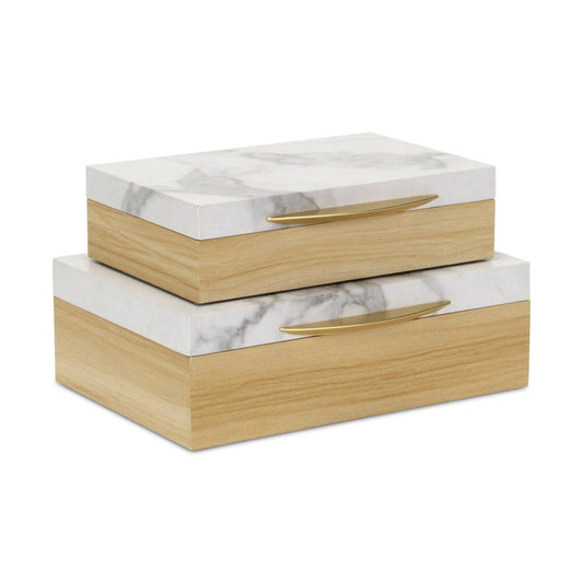 Set Of Two Natural And White Wood And Faux Marble Jewelry Boxes