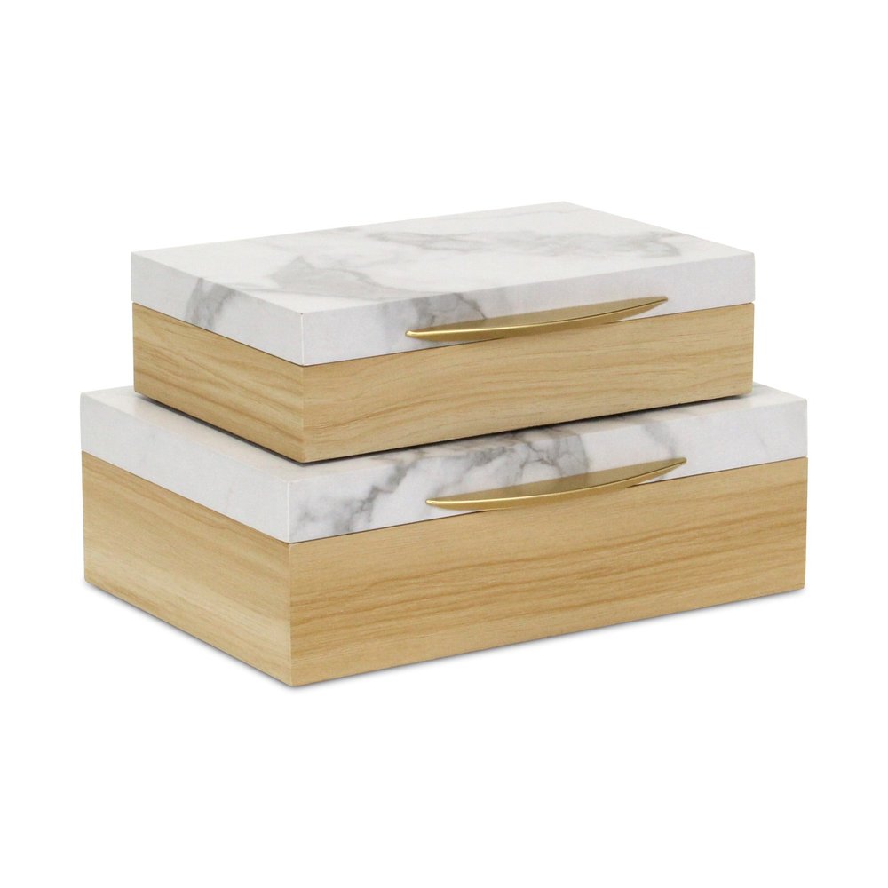 Set Of Two Natural And White Wood And Faux Marble Jewelry Boxes