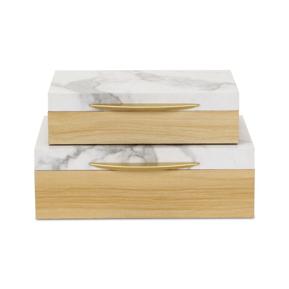 Set Of Two Natural And White Wood And Faux Marble Jewelry Boxes