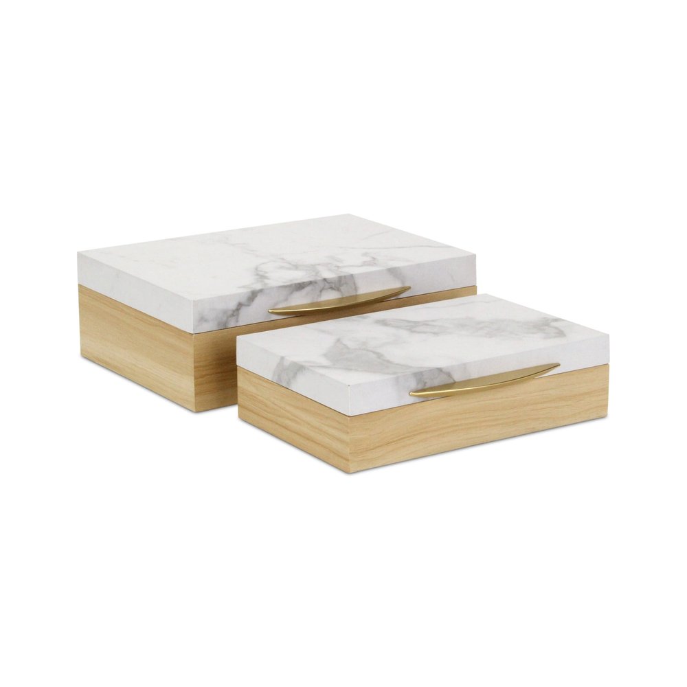 Set Of Two Natural And White Wood And Faux Marble Jewelry Boxes