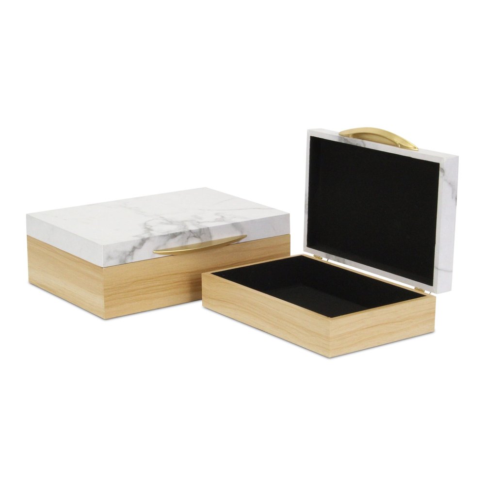 Set Of Two Natural And White Wood And Faux Marble Jewelry Boxes