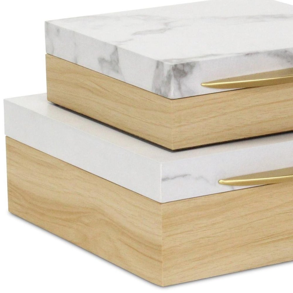 Set Of Two Natural And White Faux Marble And Wood Jewelry Box