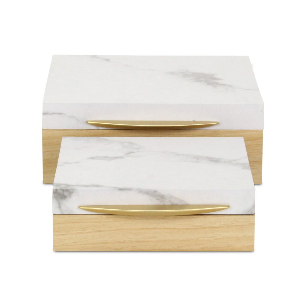 Set Of Two Natural And White Faux Marble And Wood Jewelry Box