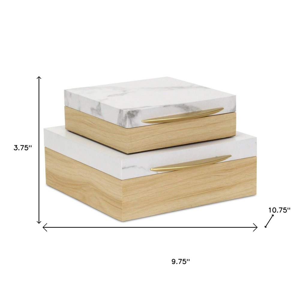Set Of Two Natural And White Faux Marble And Wood Jewelry Box