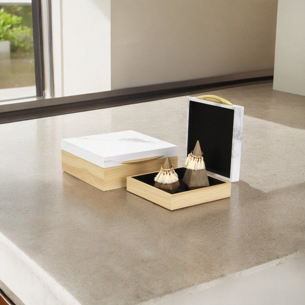 Set Of Two Natural And White Faux Marble And Wood Jewelry Box