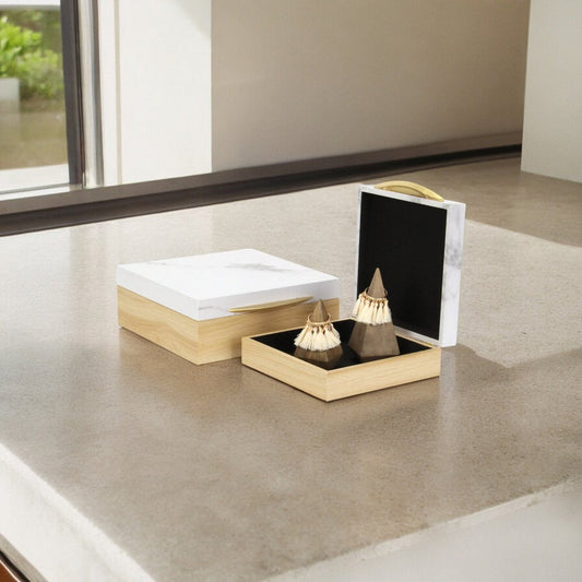 Set Of Two Natural And White Faux Marble And Wood Jewelry Box