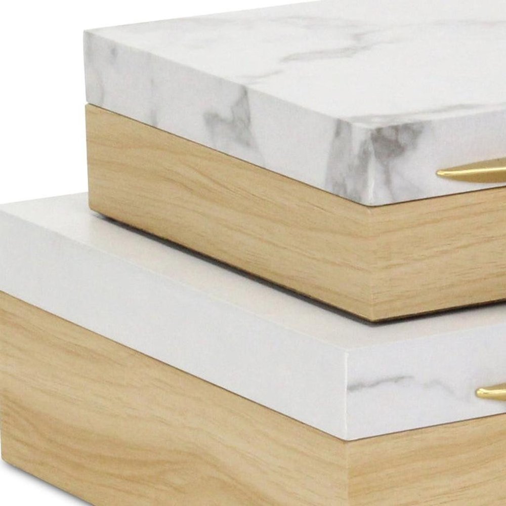 Set Of Two Natural And White Faux Marble And Wood Jewelry Box