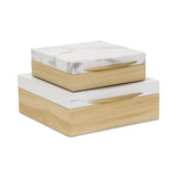 Set Of Two Natural And White Faux Marble And Wood Jewelry Box