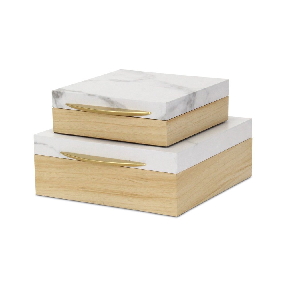 Set Of Two Natural And White Faux Marble And Wood Jewelry Box