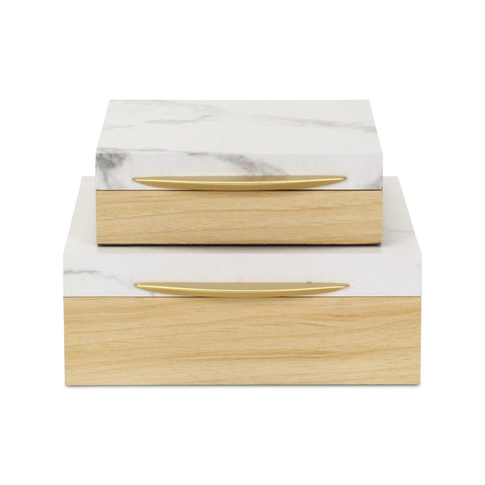 Set Of Two Natural And White Faux Marble And Wood Jewelry Box