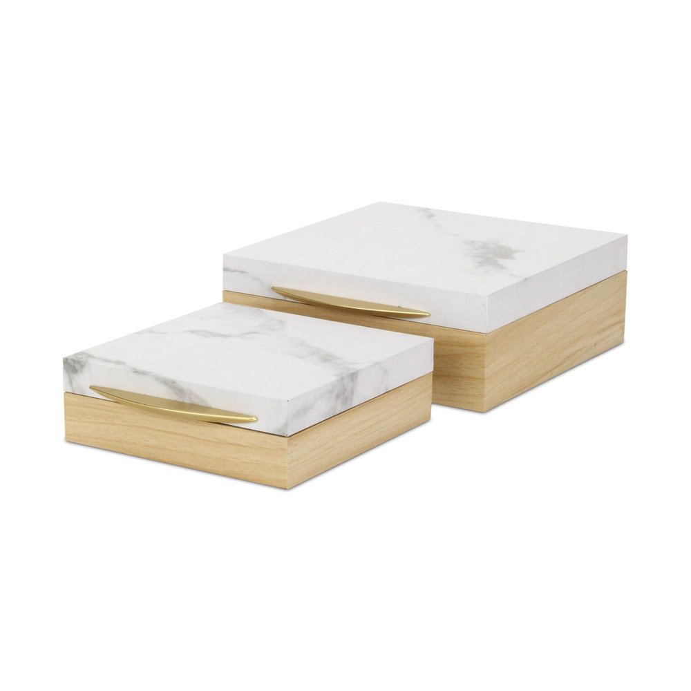 Set Of Two Natural And White Faux Marble And Wood Jewelry Box