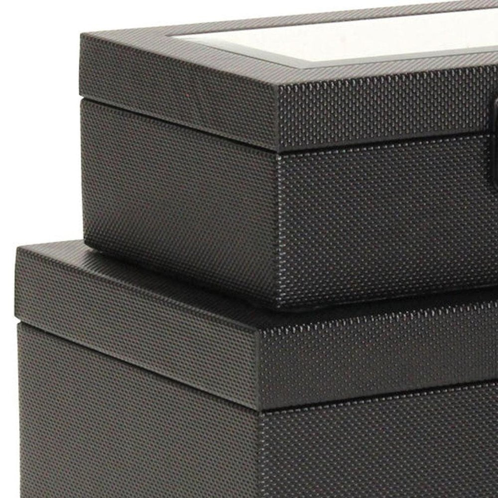 Set Of Two Black Faux Leather And Mirrored Glass Jewelry Boxes