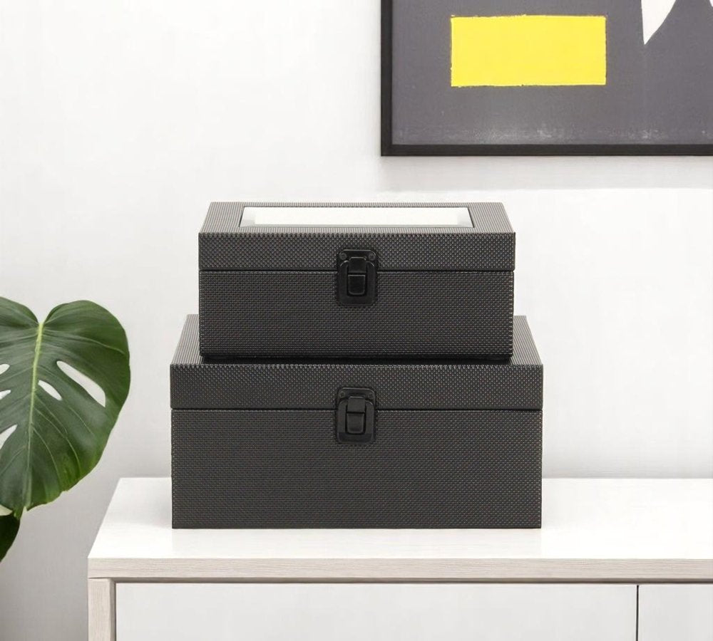 Set Of Two Black Faux Leather And Mirrored Glass Jewelry Boxes