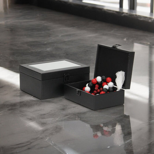 Set Of Two Black Faux Leather And Mirrored Glass Jewelry Boxes