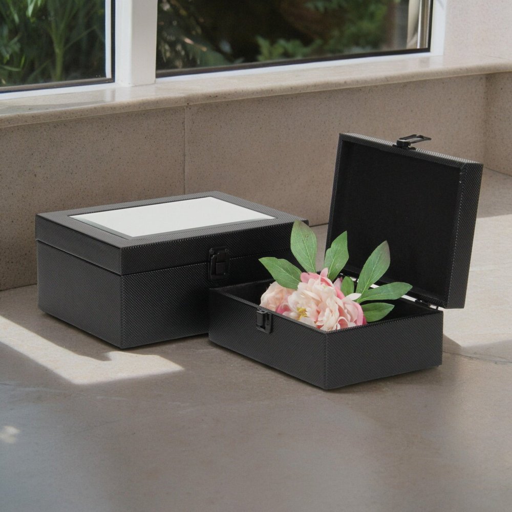 Set Of Two Black Faux Leather And Mirrored Glass Jewelry Boxes