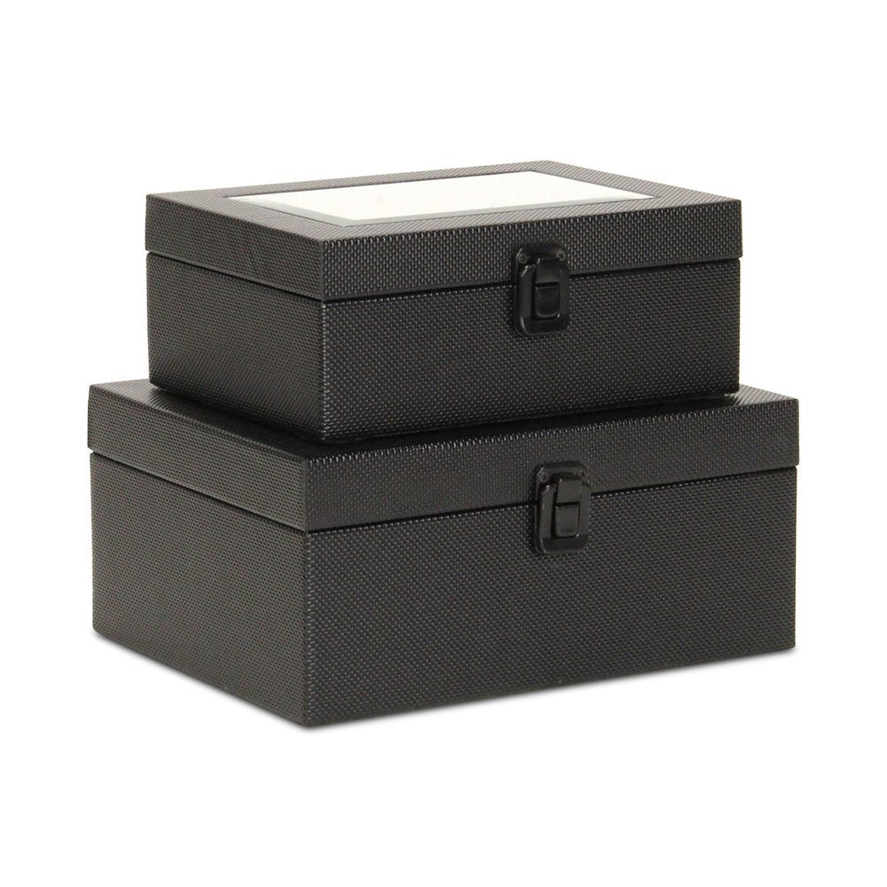 Set Of Two Black Faux Leather And Mirrored Glass Jewelry Boxes