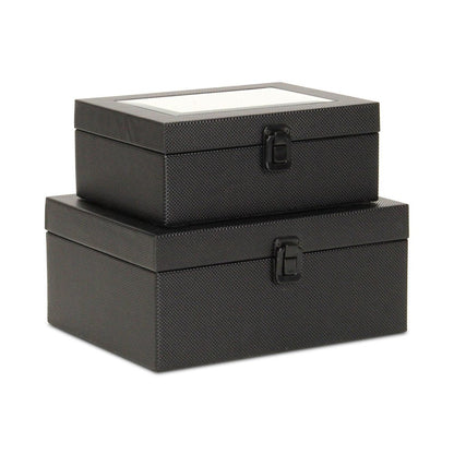 Set Of Two Black Faux Leather And Mirrored Glass Jewelry Boxes