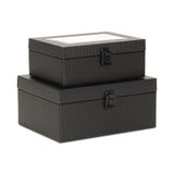 Set Of Two Black Faux Leather And Mirrored Glass Jewelry Boxes