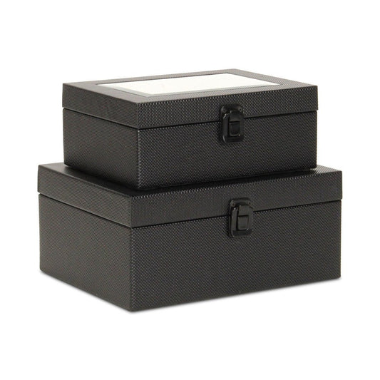 Set Of Two Black Faux Leather And Mirrored Glass Jewelry Boxes
