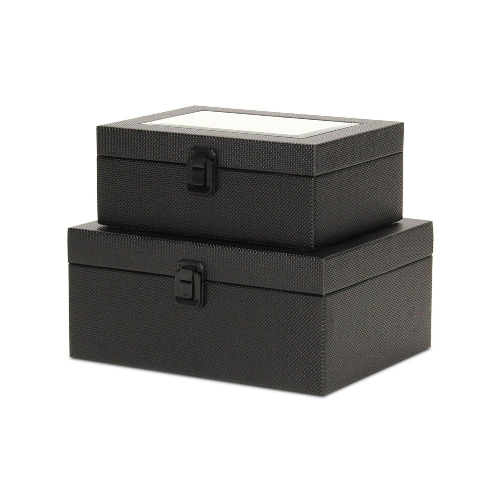 Set Of Two Black Faux Leather And Mirrored Glass Jewelry Boxes