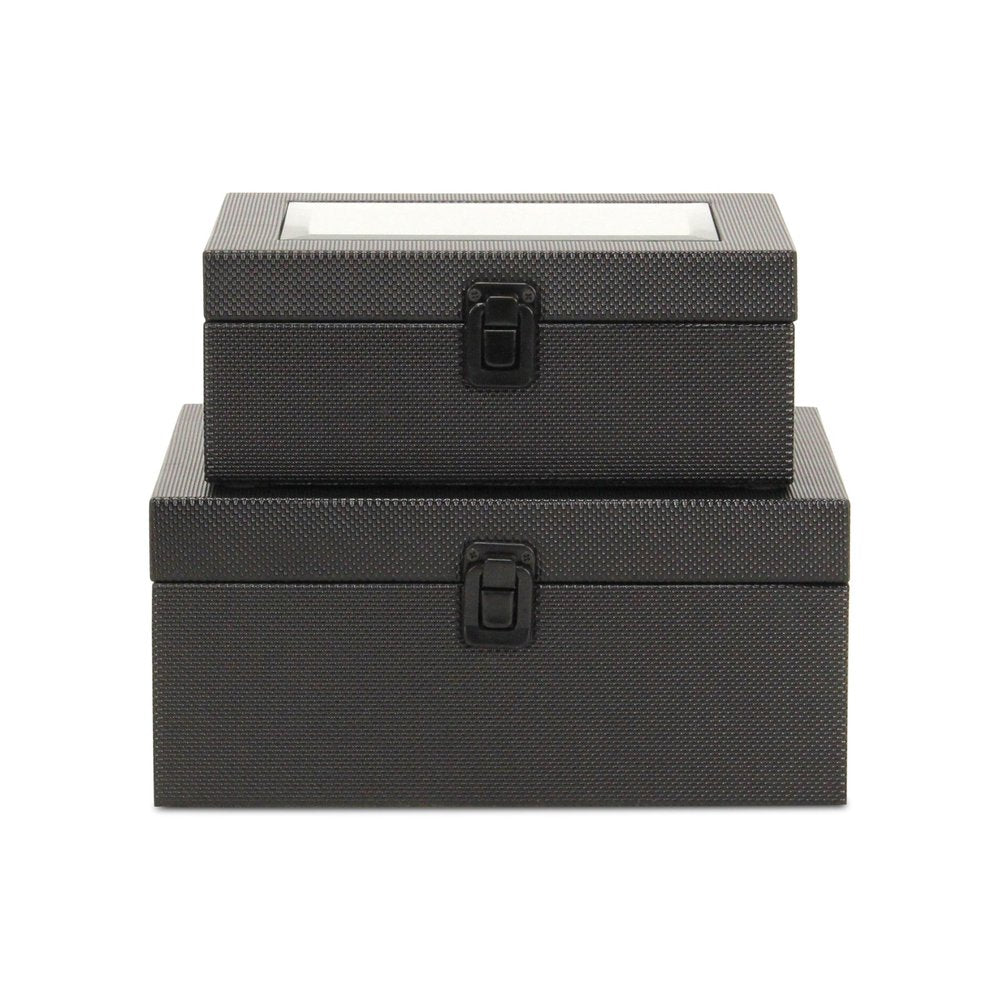 Set Of Two Black Faux Leather And Mirrored Glass Jewelry Boxes