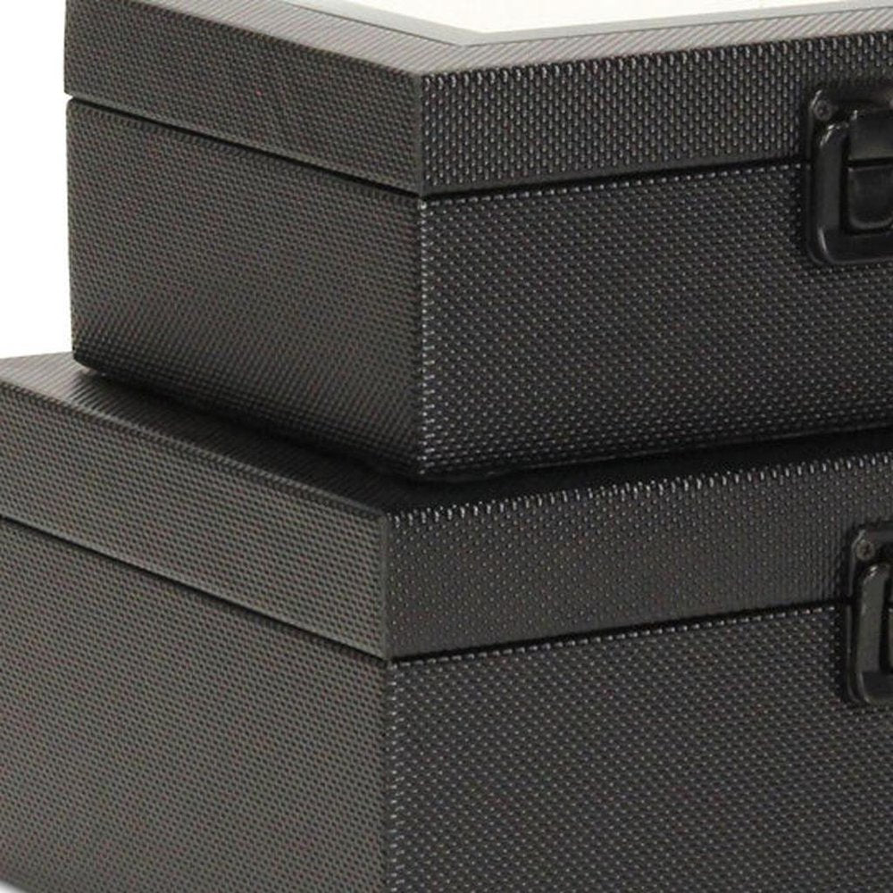 Set Of Two Black Faux Leather And Mirrored Glass Jewelry Boxes