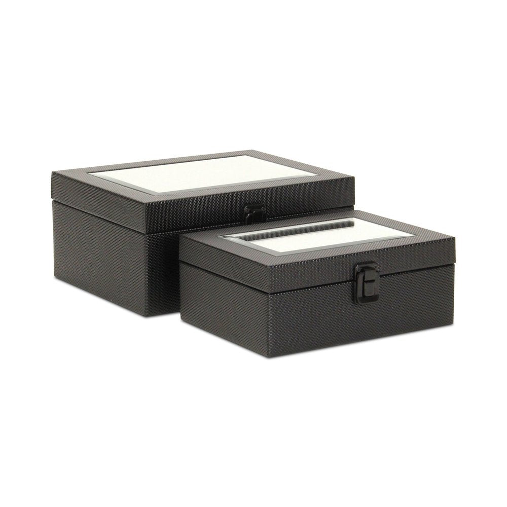 Set Of Two Black Faux Leather And Mirrored Glass Jewelry Boxes