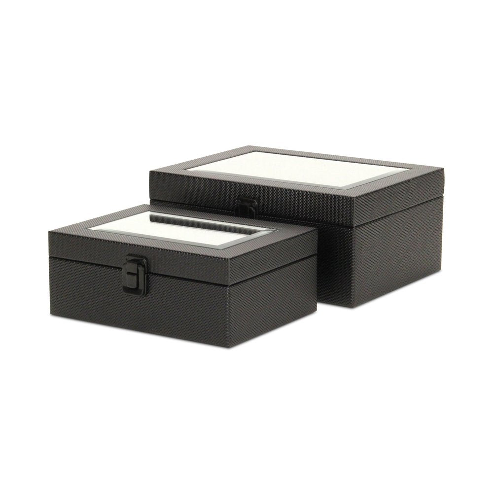 Set Of Two Black Faux Leather And Mirrored Glass Jewelry Boxes