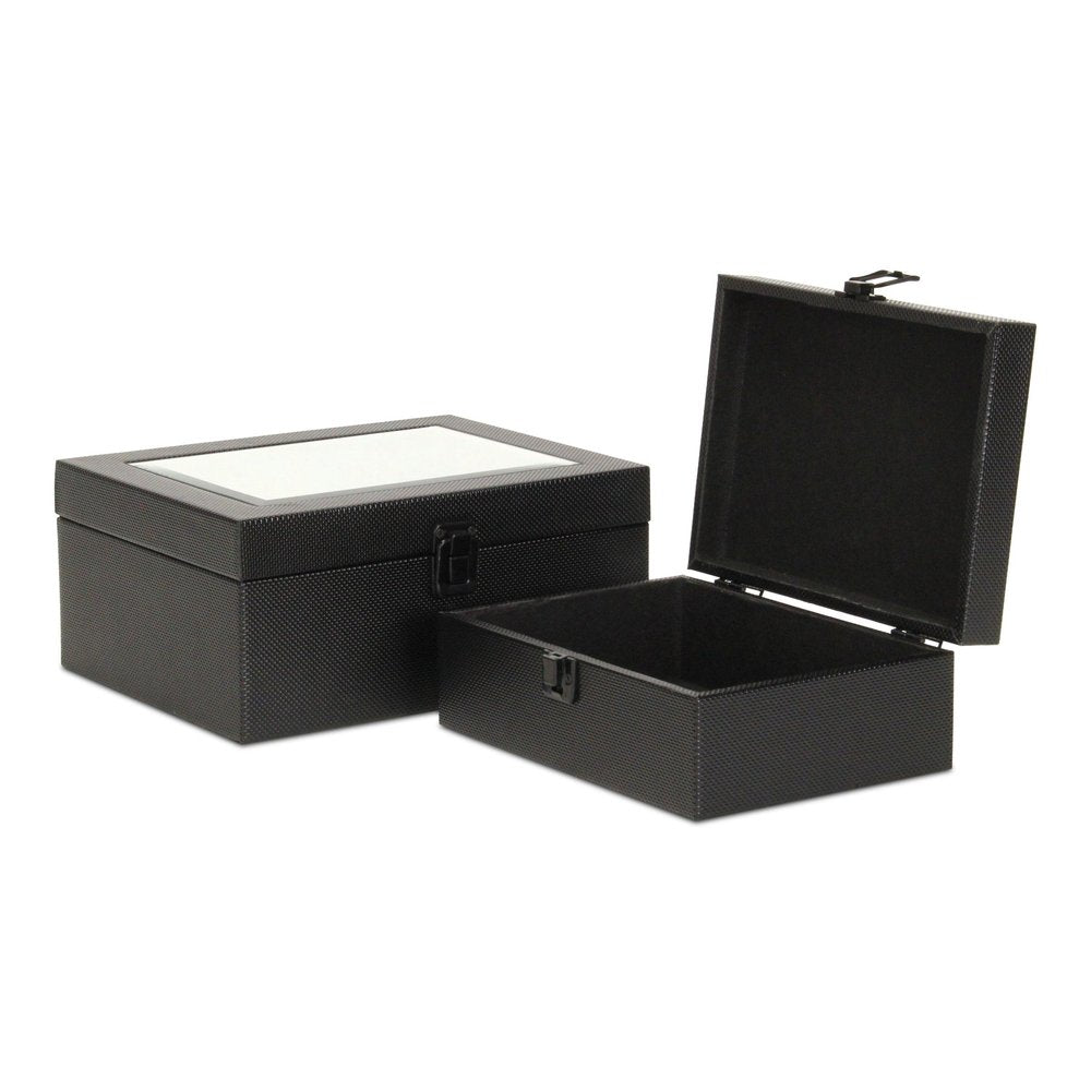 Set Of Two Black Faux Leather And Mirrored Glass Jewelry Boxes